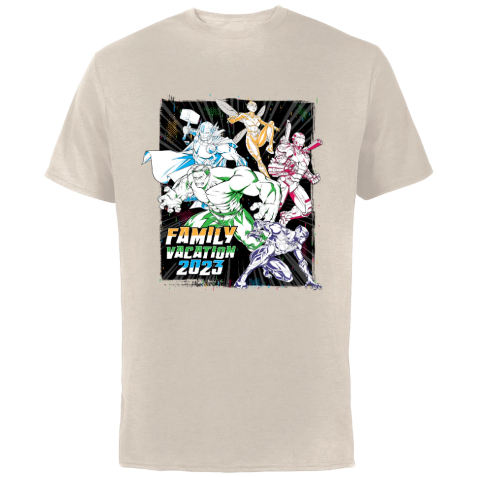 Marvel Avengers Family Vacation 2023 Iron Man Black Panther - Short Sleeve Cotton T-Shirt for Adults - Customized-Natural