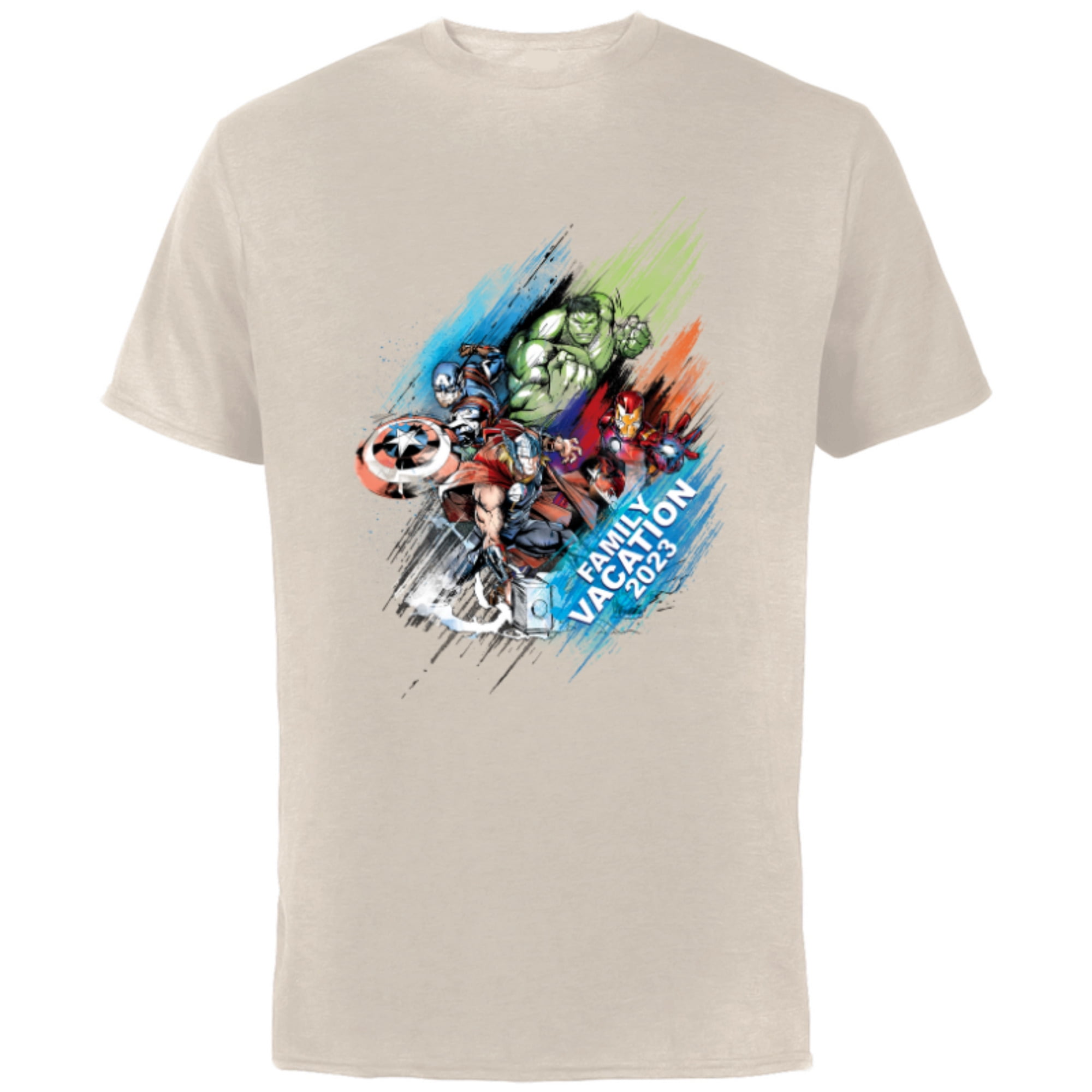 Marvel Avengers Family Vacation 2023 Iron Man Thor Hulk Cap - Short Sleeve Cotton T-Shirt for Adults - Customized-Natural