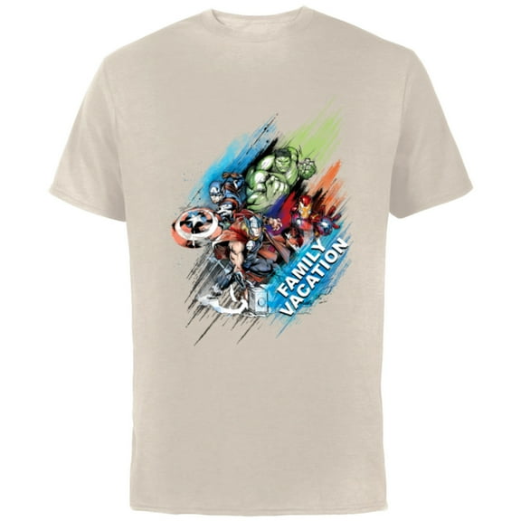 Marvel Avengers Family Vacation Trip Travel Sketch Art - Short Sleeve Cotton T-Shirt for Adults - Customized-Natural