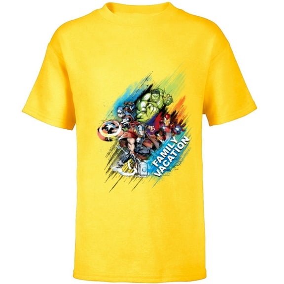 Marvel Avengers Family Vacation Trip Travel Sketch Art - Short Sleeve T-Shirt for Kids - Customized-Yellow