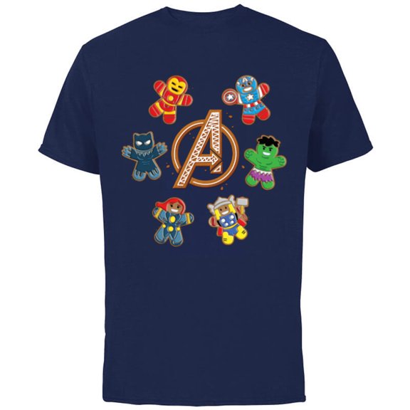 Marvel Avengers Holiday Christmas Gingerbread People & Logo - Short Sleeve Cotton T-Shirt for Adults - Customized-Navy