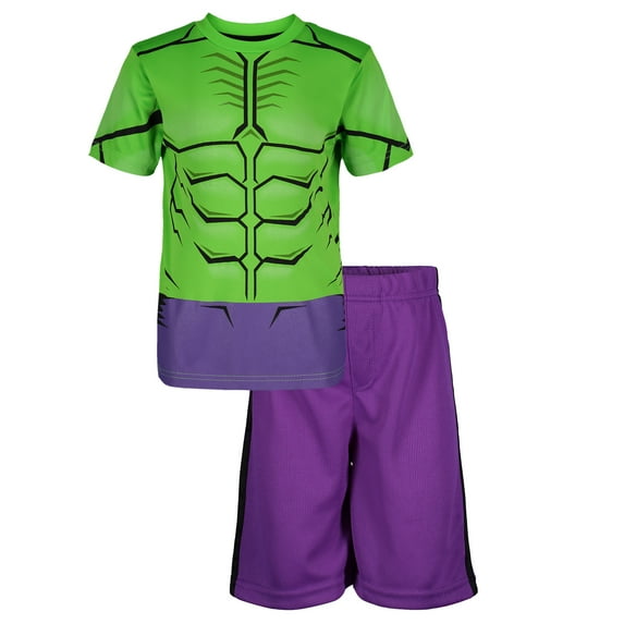 Marvel Avengers Hulk Little Boys' Athletic T-Shirt & Mesh Shorts Set, Green/ Purple (6)
