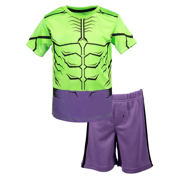 Marvel Avengers Hulk Little Boys' Athletic T-Shirt & Mesh Shorts Set, Green/ Purple (6)