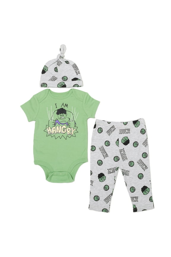 Avengers Hulk Newborn Baby Boys 3 Piece Outfit Set: Cuddly Bodysuit Pants Hat green / Gray Newborn