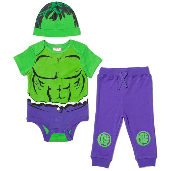 Marvel Avengers Hulk Newborn Baby Boys Bodysuit Pants and Hat 3 Piece Outfit Set Newborn to Infant