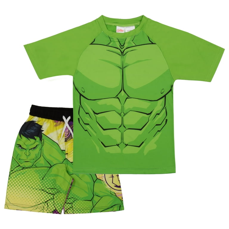 Marvel Avengers Boys Bathing Suit: 2-Piece Rash Guard Shorts Set