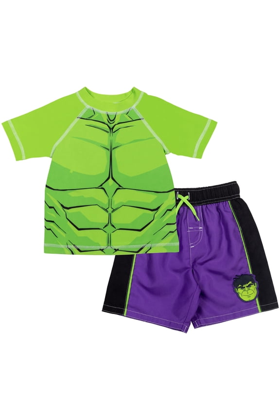 Avengers Toddler Boys' Swimwear 2-Piece Rashguard and Swim Trunks Set Hulk Green Purple