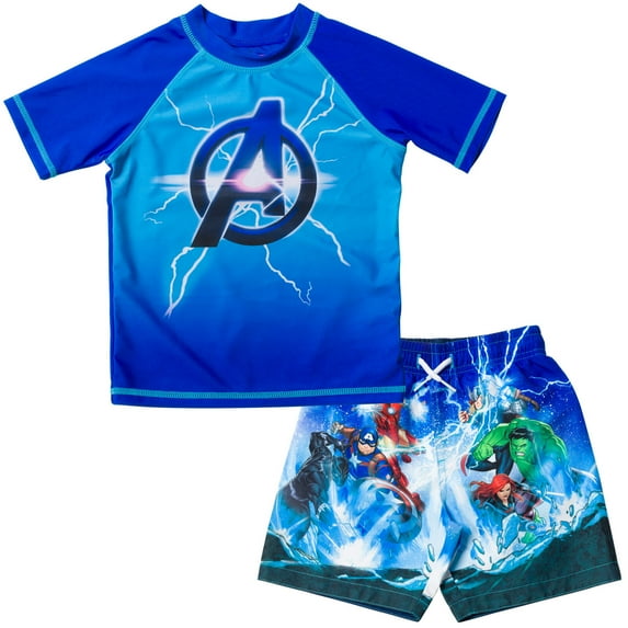 Marvel Avengers Iron Man Captain America Black Panther UPF 50+ Rash Guard Swim Trunks Outfit Set Toddler to Big Kid