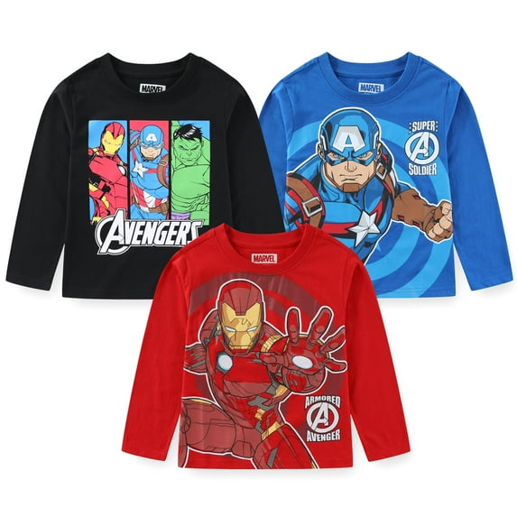 Marvel Avengers Iron Man Captain America Hulk Long Sleeve Shirt (Boys), 3 Pack, Sizes 3T-10
