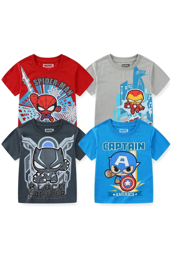 Avengers Iron Man Spider-Man Captain America Black Panther Short Sleeve T-Shirt (Boys), 4 Pack, Sizes 3T-7