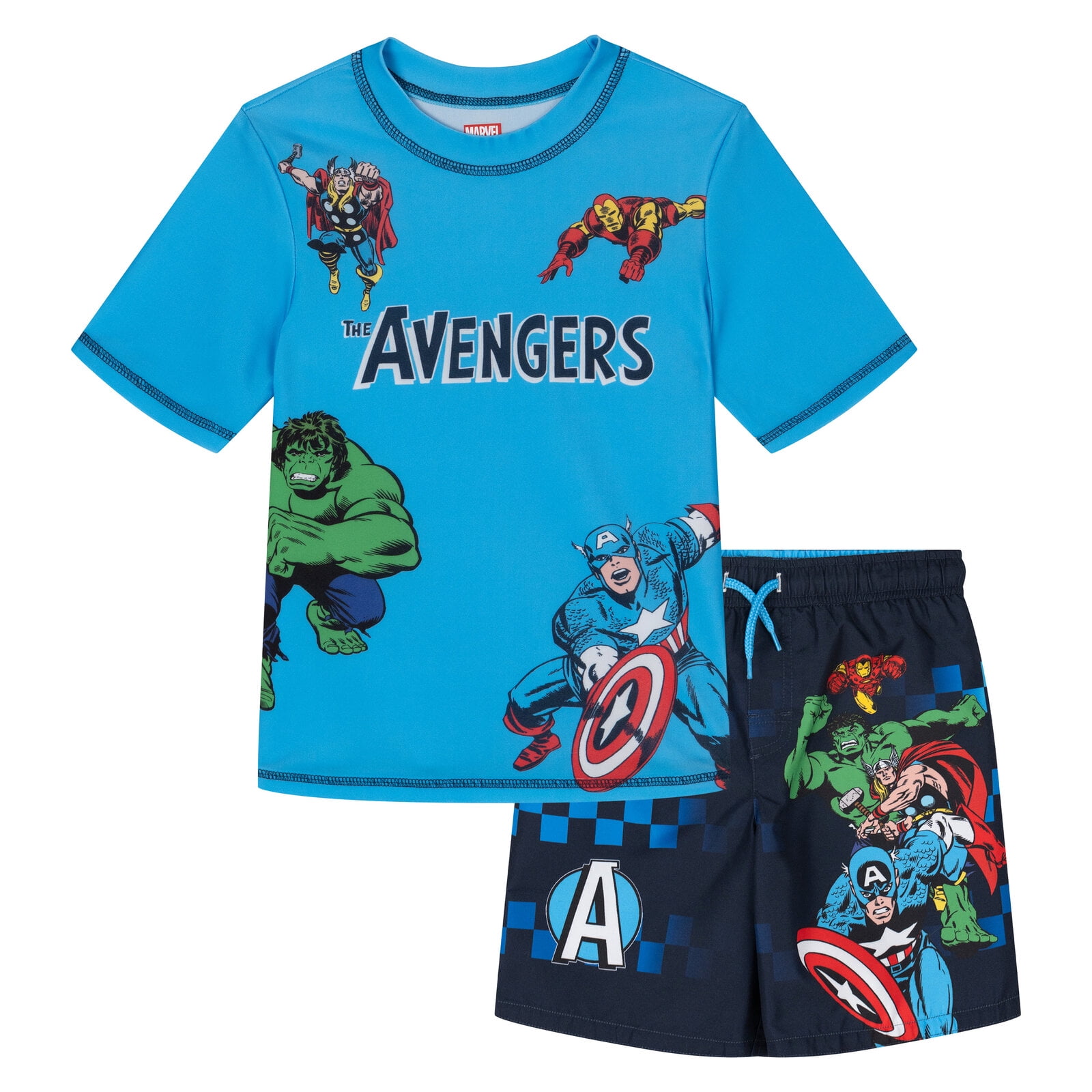 Marvel Avengers Iron Man Thor Captain America Rash Guard and Swim Trunks UPF 50+ Outfit Set Toddler to Little Kid