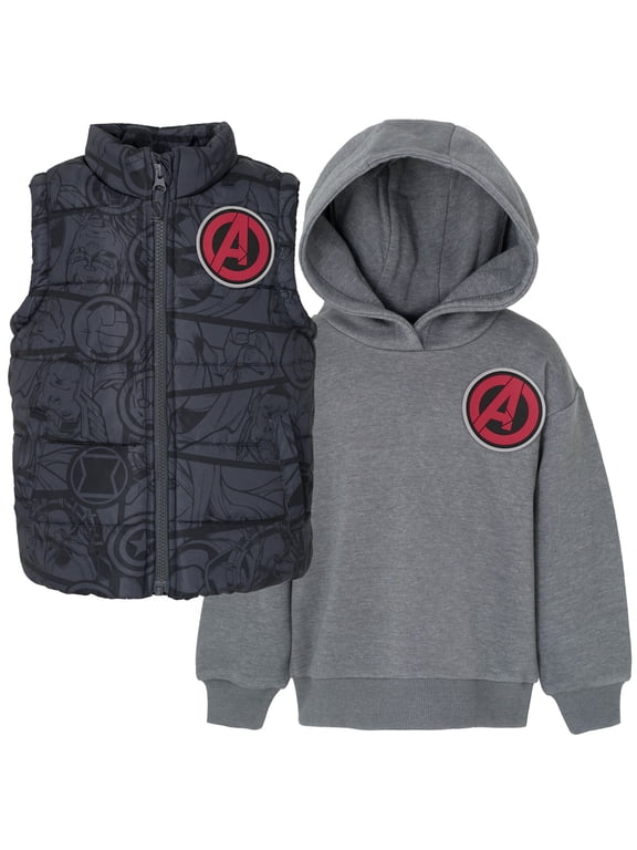 Avengers Iron Man Thor Captain America Zip Up Vest 2fer Jacket and Pullover FleeceHoodie Logo Toddler to Big Kid