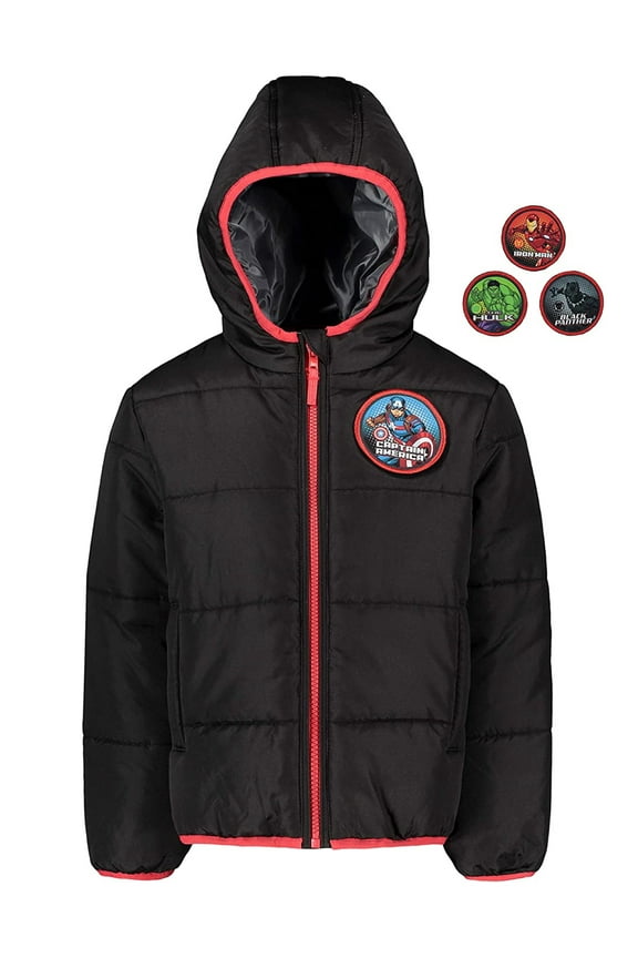Avengers Little Boys' Hooded Puffer Jacket with Changeable Patches, Sizes 4-7