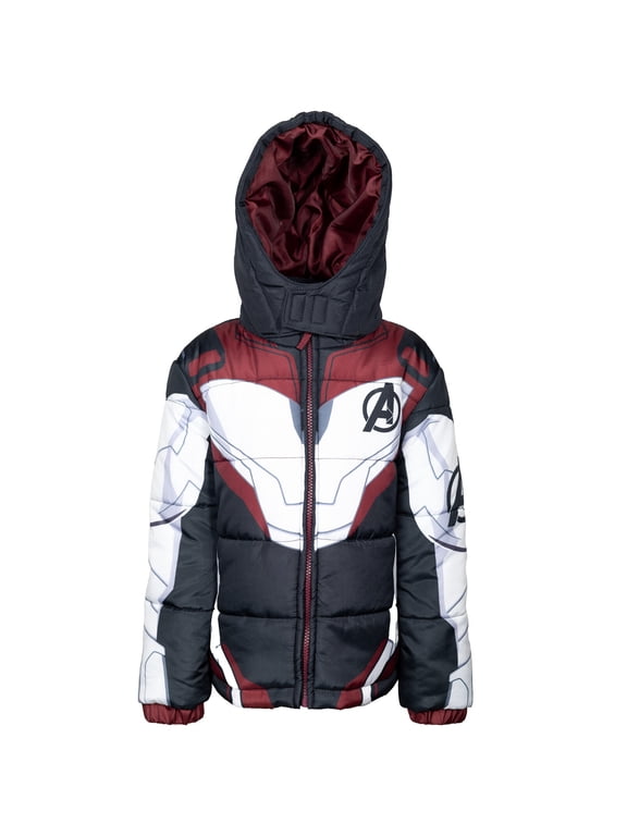 Avengers Little Boys' Hooded Zip-Up Puffer Jacket Dark Grey White Red