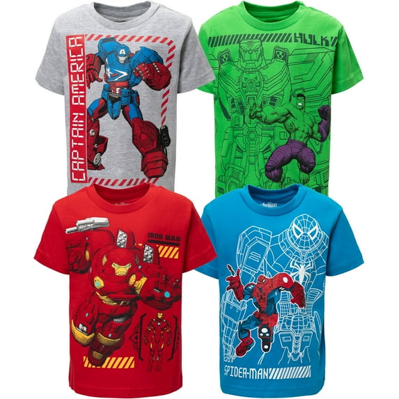 Marvel Avengers Mech Strike Spider-Man Hulk Toddler Boys 4 Pack T-Shirts Toddler to Big Kid