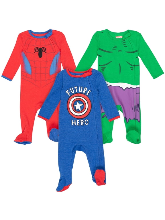 Avengers Newborn Baby Boys 3 Pack Zip-Up Long Sleeve Sleep N' Play Coveralls 3-6 Months