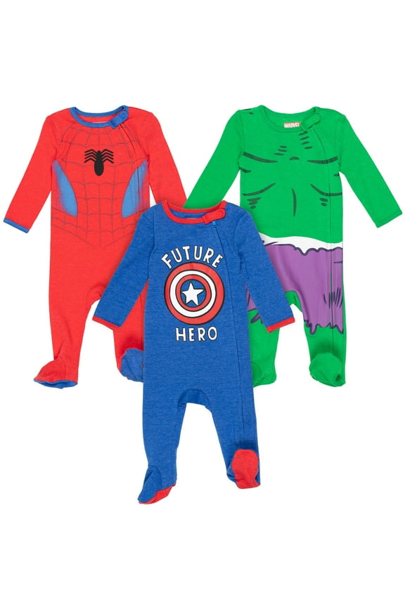 Avengers Newborn Baby Boys 3 Pack Zip-Up Long Sleeve Sleep N' Play Coveralls 6-9 Months