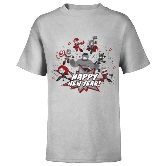 Marvel Avengers Red and Gray Stylized Cute Happy New Year - Short Sleeve T-Shirt for Kids - Customized-Athletic Heather