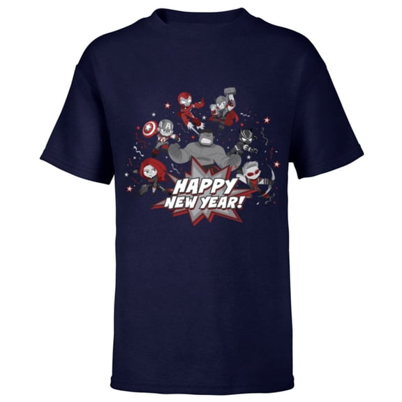 Marvel Avengers Red and Gray Stylized Cute Happy New Year - Short Sleeve T-Shirt for Kids - Customized-Navy