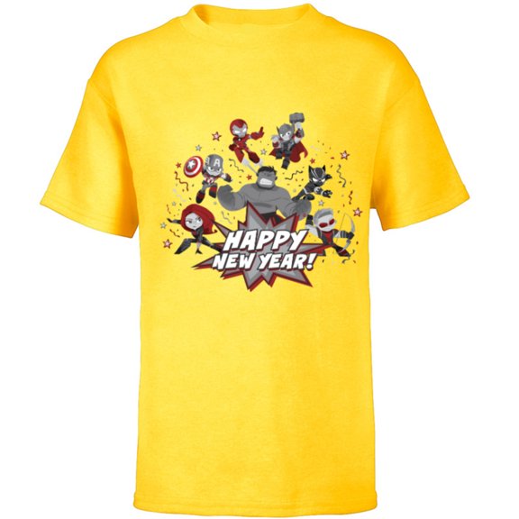 Marvel Avengers Red and Gray Stylized Cute Happy New Year - Short Sleeve T-Shirt for Kids - Customized-Yellow