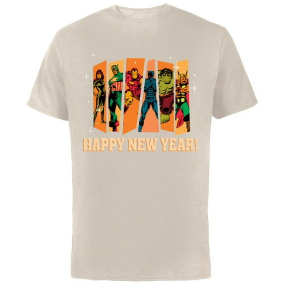 Marvel Avengers Retro Vintage Seventies Comic Happy New Year - Short Sleeve Cotton T-Shirt for Adults - Customized-Natural