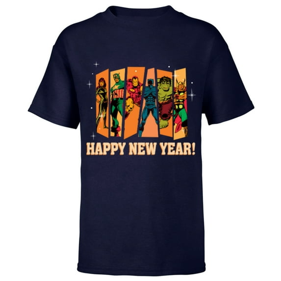 Marvel Avengers Retro Vintage Seventies Comic Happy New Year - Short Sleeve T-Shirt for Kids - Customized-Navy