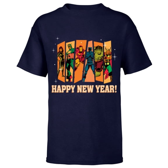 Marvel Avengers Retro Vintage Seventies Comic Happy New Year - Short Sleeve T-Shirt for Kids - Customized-Navy