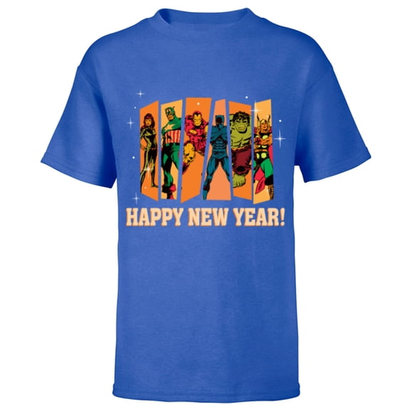 Marvel Avengers Retro Vintage Seventies Comic Happy New Year - Short Sleeve T-Shirt for Kids - Customized-Royal