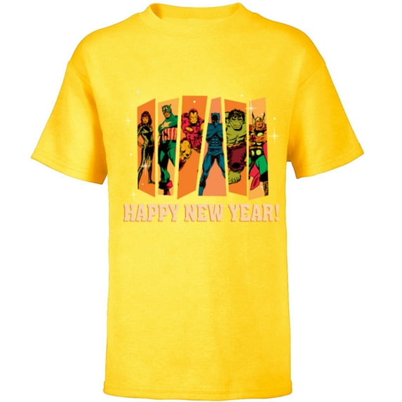 Marvel Avengers Retro Vintage Seventies Comic Happy New Year - Short Sleeve T-Shirt for Kids - Customized-Yellow