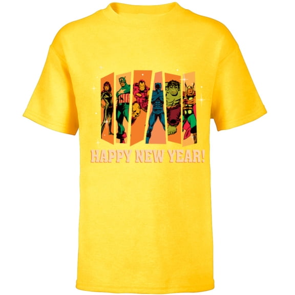 Marvel Avengers Retro Vintage Seventies Comic Happy New Year - Short Sleeve T-Shirt for Kids - Customized-Yellow