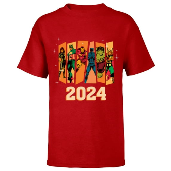 Marvel Avengers Retro Vintage Seventies Comic New Year 2024 - Short Sleeve T-Shirt for Kids - Customized-Red