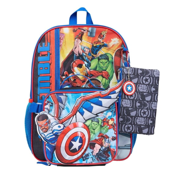 Marvel Avengers Sam Wilson 5-Piece Backpack, Lunch Bag, Pencil Case, Keychain, & Carabiner Set