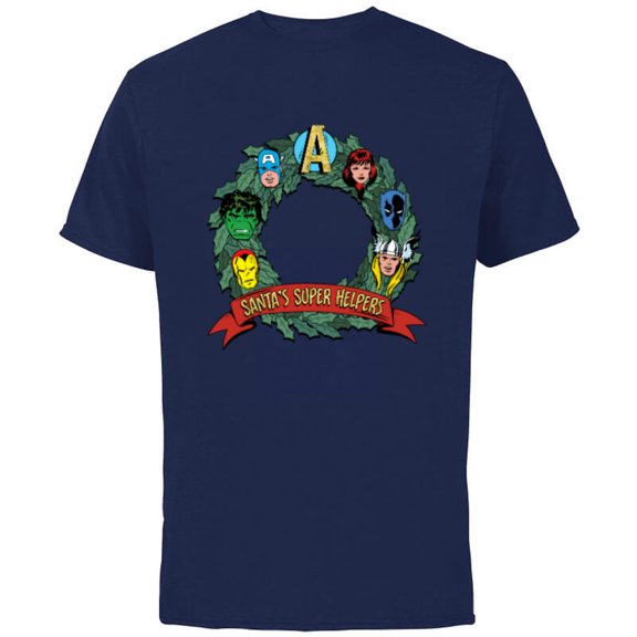Marvel Avengers Santa’s Super Helpers Faces Retro Holiday - Short Sleeve Cotton T-Shirt for Adults - Customized-Navy