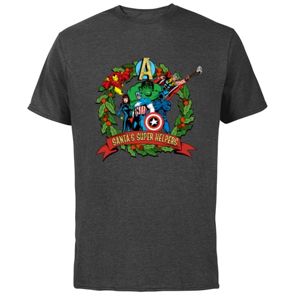 Marvel Avengers Santa’s Super Helpers Wreath Retro Holiday - Short Sleeve Cotton T-Shirt for Adults - Customized-Charcoal