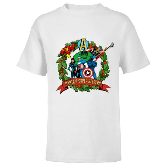 Marvel Avengers Santa’s Super Helpers Wreath Retro Holiday - Short Sleeve T-Shirt for Kids - Customized-White