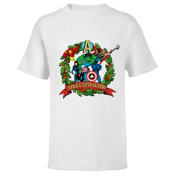 Marvel Avengers Santa’s Super Helpers Wreath Retro Holiday - Short Sleeve T-Shirt for Kids - Customized-White