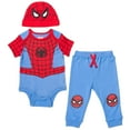 thumbnail image 1 of Marvel Avengers Spider-Man Black Panther Hulk Baby Cosplay Bodysuit Pants and Hat 3 Piece Outfit Set Newborn to Infant, 1 of 5