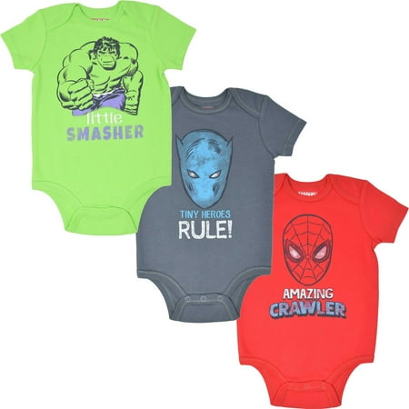 Marvel Avengers Spider-Man Black Panther Hulk Newborn Baby Boys 3 Pack Bodysuits Newborn to Infant
