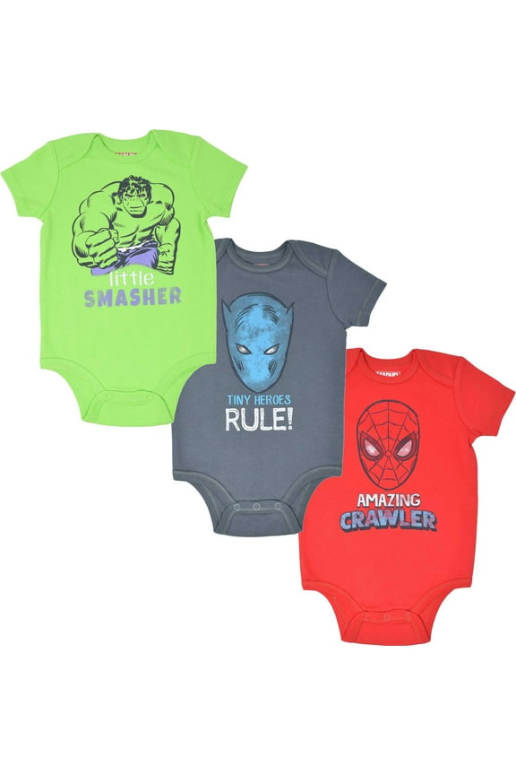 Avengers Spider-Man Black Panther Hulk Newborn Baby Boys 3 Pack Bodysuits Newborn to Infant