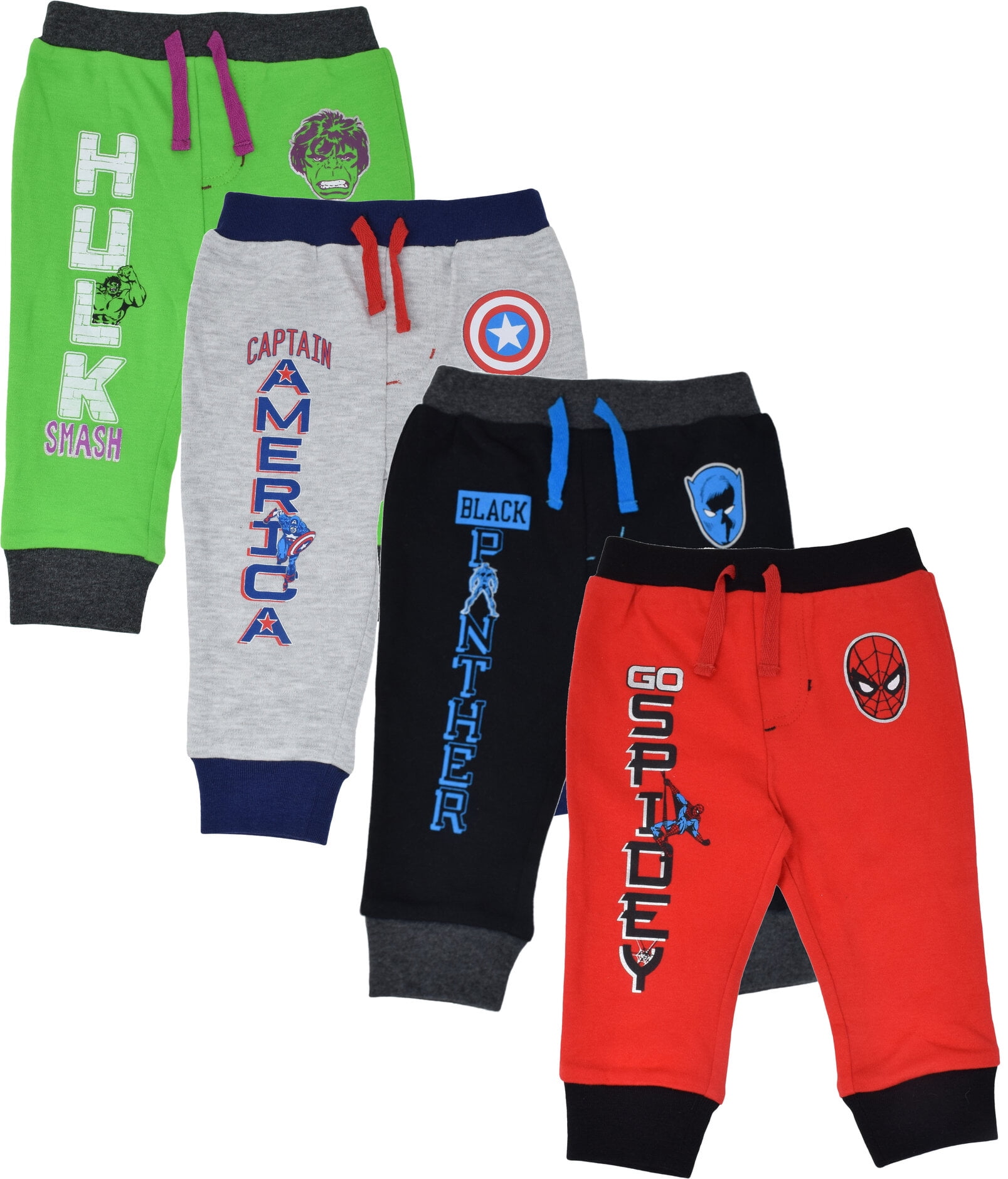 Marvel Avengers Spider-Man Captain America Black Panther Infant Baby Boys 4 Pack Jogger Pants Newborn to Big Kid