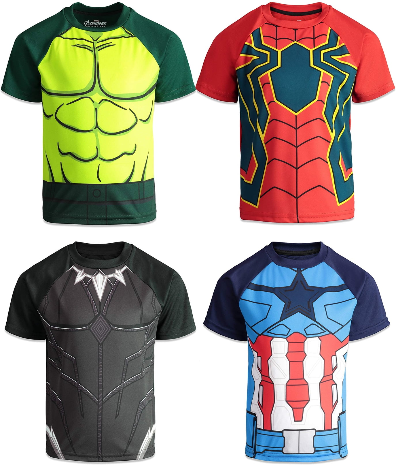 MARVEL Avengers Spider-Man Captain America Black Panther Little Boys 4 Pack Cosplay Athletic T-Shirts