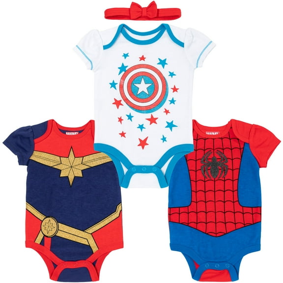 Marvel Avengers Spider-Man Captain America Captain Newborn Baby Girls Bodysuit and Headband Newborn to Infant