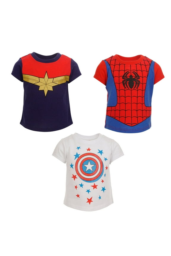 Avengers Spider-Man Captain America Little Girls 3 Pack Pullover T-Shirts Toddler to Big Kid