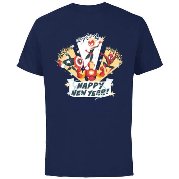 Marvel Avengers & Spider-Man Happy New Year Super Hero Style - Short Sleeve Cotton T-Shirt for Adults - Customized-Navy