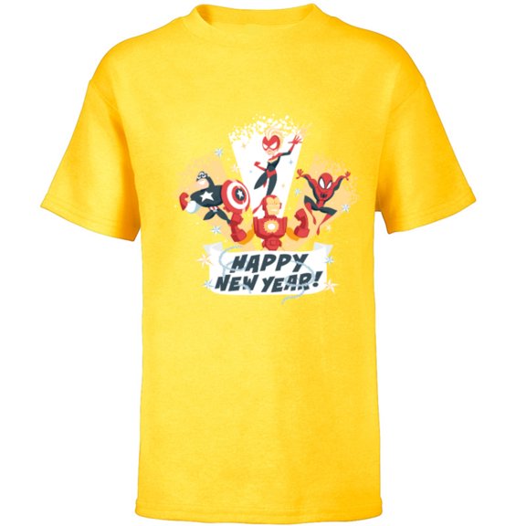 Marvel Avengers & Spider-Man Happy New Year Super Hero Style - Short Sleeve T-Shirt for Kids - Customized-Yellow