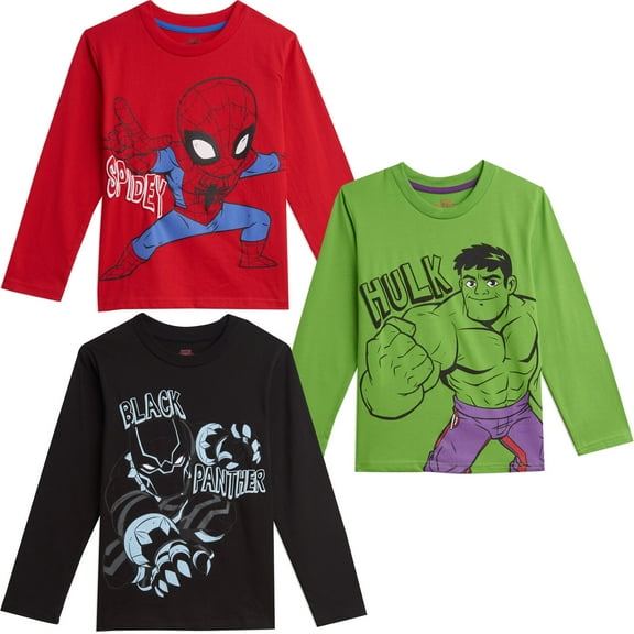 Marvel Avengers Spider-Man Hulk Little Boys 3 Pack Long Sleeve T-Shirts Toddler to Little Kid
