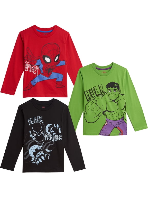 Avengers Spider-Man Hulk Little Boys 3 Pack Long Sleeve T-Shirts Toddler to Little Kid