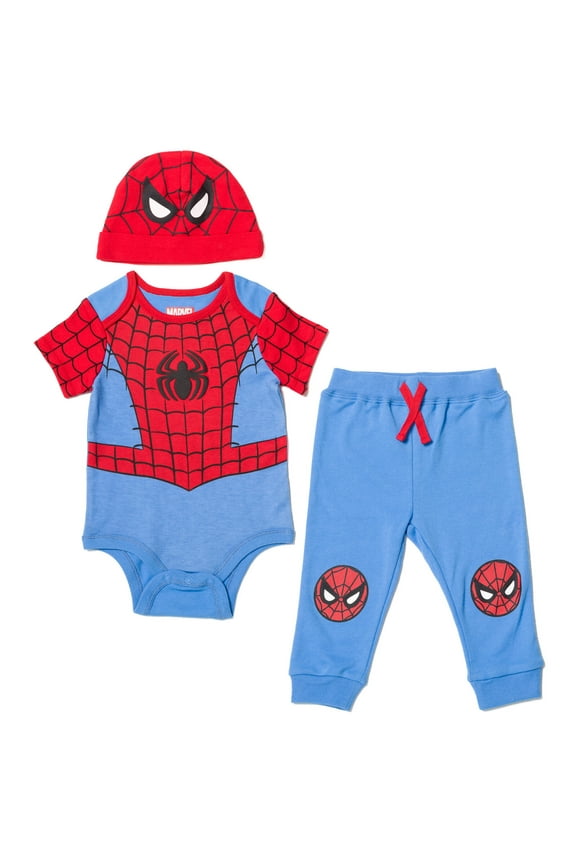 Avengers Spider-Man Infant Baby Boys Bodysuit Pants and Hat 3 Piece Outfit Set 6-9 Months