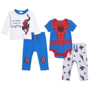 Marvel Avengers Spider-Man Infant Baby Boys Bodysuit Pullover T-Shirt and Pants 4 Piece Layette Set Newborn to Infant