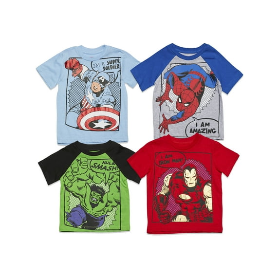 Marvel Avengers Spider-Man Iron Man Captain America Big Boys 4 Pack T-Shirts Toddler to Big Kid